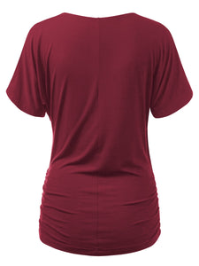 WT1118 Womens V Neck Short Sleeve Wrap Front Drape Dolman Top