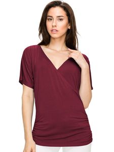 WT1118 Womens V Neck Short Sleeve Wrap Front Drape Dolman Top