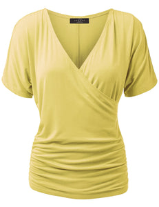 WT1118 Womens V Neck Short Sleeve Wrap Front Drape Dolman Top