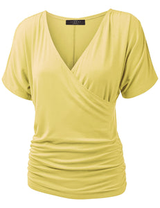 WT1118 Womens V Neck Short Sleeve Wrap Front Drape Dolman Top