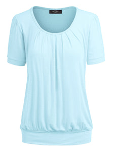 WT1175 Womens Scoop Neck Short Sleeve Front Pleated Tunic