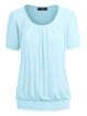 WT1175 Womens Scoop Neck Short Sleeve Front Pleated Tunic