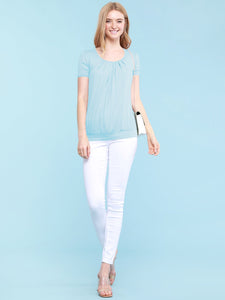 WT1175 Womens Scoop Neck Short Sleeve Front Pleated Tunic