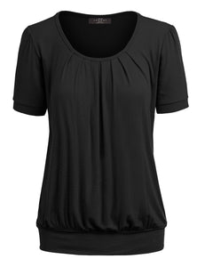 WT1175 Womens Scoop Neck Short Sleeve Front Pleated Tunic