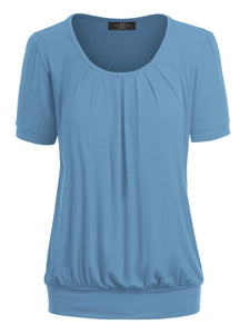 WT1175 Womens Scoop Neck Short Sleeve Front Pleated Tunic