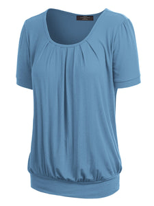 WT1175 Womens Scoop Neck Short Sleeve Front Pleated Tunic