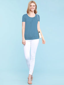 WT1175 Womens Scoop Neck Short Sleeve Front Pleated Tunic