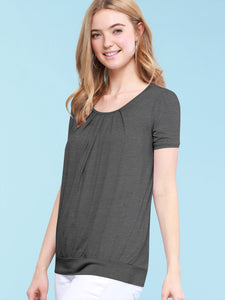 WT1175 Womens Scoop Neck Short Sleeve Front Pleated Tunic