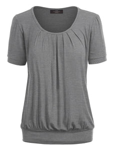 WT1175 Womens Scoop Neck Short Sleeve Front Pleated Tunic