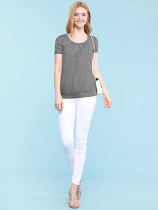 WT1175 Womens Scoop Neck Short Sleeve Front Pleated Tunic