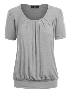 WT1175 Womens Scoop Neck Short Sleeve Front Pleated Tunic