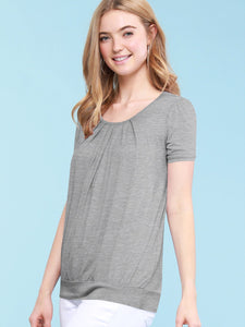 WT1175 Womens Scoop Neck Short Sleeve Front Pleated Tunic