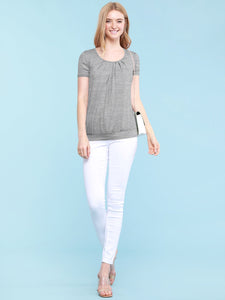 WT1175 Womens Scoop Neck Short Sleeve Front Pleated Tunic