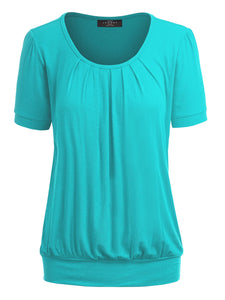 WT1175 Womens Scoop Neck Short Sleeve Front Pleated Tunic