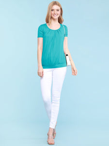 WT1175 Womens Scoop Neck Short Sleeve Front Pleated Tunic