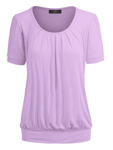 WT1175 Womens Scoop Neck Short Sleeve Front Pleated Tunic