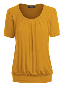 WT1175 Womens Scoop Neck Short Sleeve Front Pleated Tunic