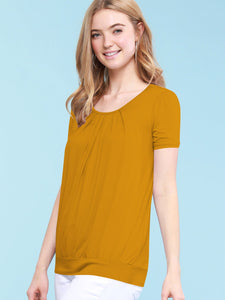 WT1175 Womens Scoop Neck Short Sleeve Front Pleated Tunic