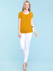 WT1175 Womens Scoop Neck Short Sleeve Front Pleated Tunic