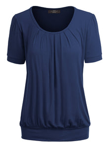 WT1175 Womens Scoop Neck Short Sleeve Front Pleated Tunic