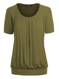 WT1175 Womens Scoop Neck Short Sleeve Front Pleated Tunic
