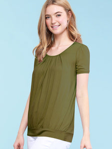 WT1175 Womens Scoop Neck Short Sleeve Front Pleated Tunic