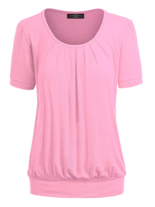 WT1175 Womens Scoop Neck Short Sleeve Front Pleated Tunic