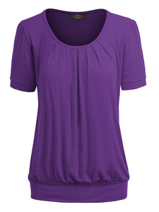 WT1175 Womens Scoop Neck Short Sleeve Front Pleated Tunic