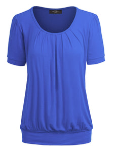 WT1175 Womens Scoop Neck Short Sleeve Front Pleated Tunic