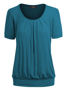 WT1175 Womens Scoop Neck Short Sleeve Front Pleated Tunic