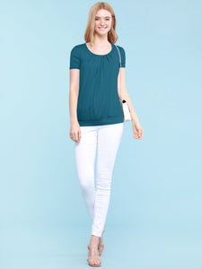 WT1175 Womens Scoop Neck Short Sleeve Front Pleated Tunic