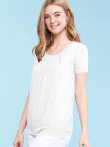 WT1175 Womens Scoop Neck Short Sleeve Front Pleated Tunic
