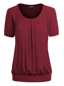 WT1175 Womens Scoop Neck Short Sleeve Front Pleated Tunic