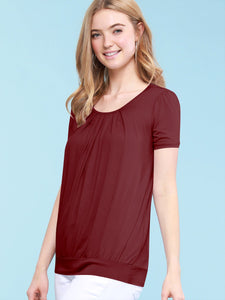 WT1175 Womens Scoop Neck Short Sleeve Front Pleated Tunic