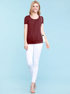 WT1175 Womens Scoop Neck Short Sleeve Front Pleated Tunic