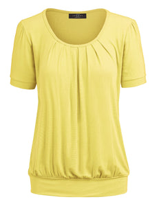 WT1175 Womens Scoop Neck Short Sleeve Front Pleated Tunic