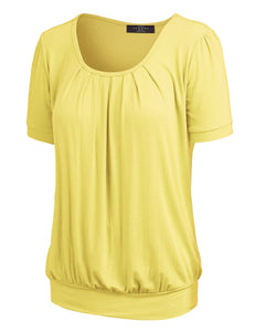 WT1175 Womens Scoop Neck Short Sleeve Front Pleated Tunic