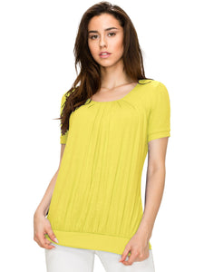 WT1175 Womens Scoop Neck Short Sleeve Front Pleated Tunic