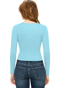 WT1482 Womens Deep V Neck Long Sleeve Cross Wrap Fitted Crop Top