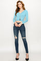 WT1482 Womens Deep V Neck Long Sleeve Cross Wrap Fitted Crop Top