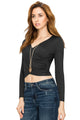 WT1482 Womens Deep V Neck Long Sleeve Cross Wrap Fitted Crop Top