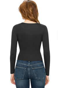 WT1482 Womens Deep V Neck Long Sleeve Cross Wrap Fitted Crop Top