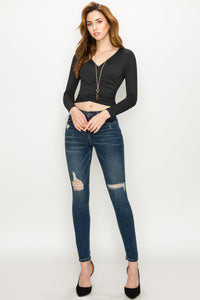 WT1482 Womens Deep V Neck Long Sleeve Cross Wrap Fitted Crop Top