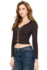 WT1482 Womens Deep V Neck Long Sleeve Cross Wrap Fitted Crop Top