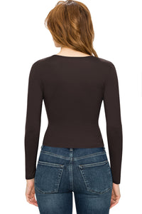 WT1482 Womens Deep V Neck Long Sleeve Cross Wrap Fitted Crop Top