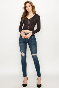WT1482 Womens Deep V Neck Long Sleeve Cross Wrap Fitted Crop Top