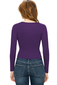 WT1482 Womens Deep V Neck Long Sleeve Cross Wrap Fitted Crop Top