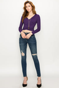 WT1482 Womens Deep V Neck Long Sleeve Cross Wrap Fitted Crop Top
