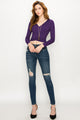 WT1482 Womens Deep V Neck Long Sleeve Cross Wrap Fitted Crop Top