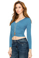 WT1482 Womens Deep V Neck Long Sleeve Cross Wrap Fitted Crop Top